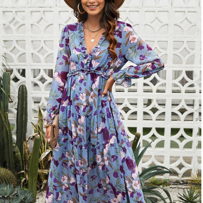 Robe Longue Fleurie à Taille Haute