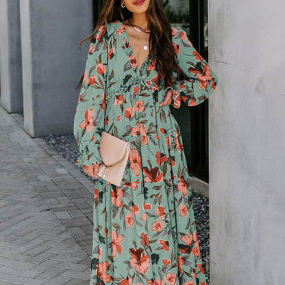 Robe Longue Fleurie à Taille Haute