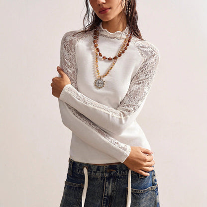 Haut en Dentelle Ajournée à Manches Longues