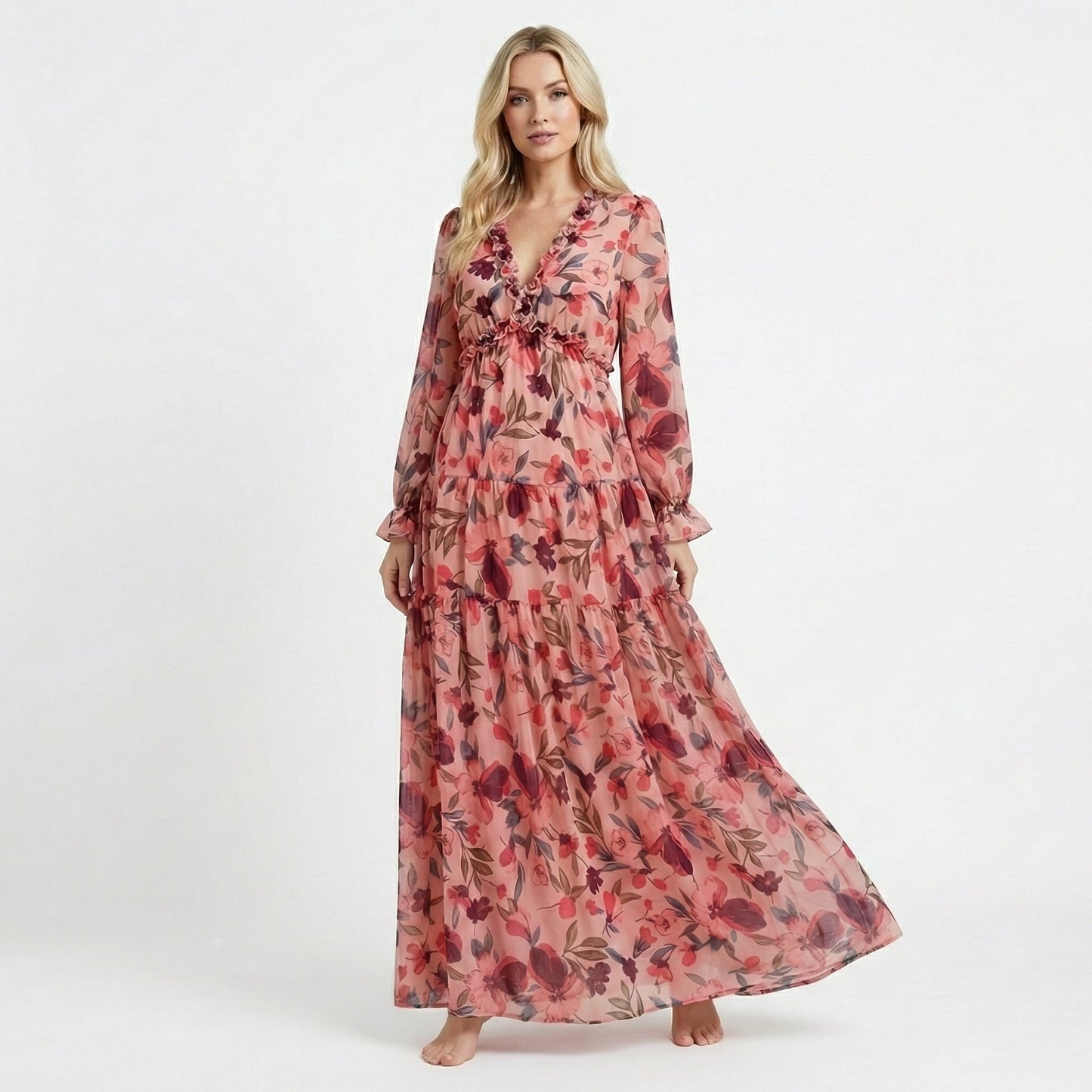 Robe Longue Fleurie à Taille Haute