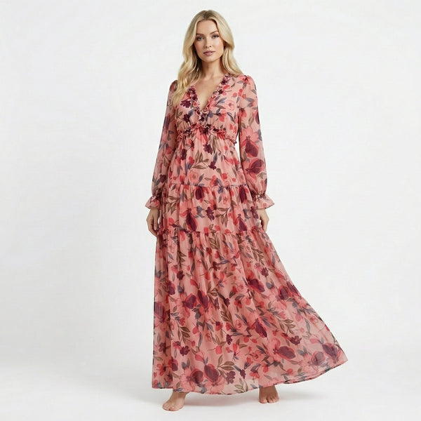 Robe Longue Fleurie à Taille Haute