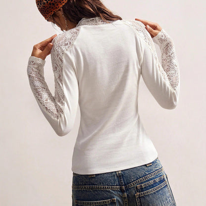 Haut en Dentelle Ajournée à Manches Longues